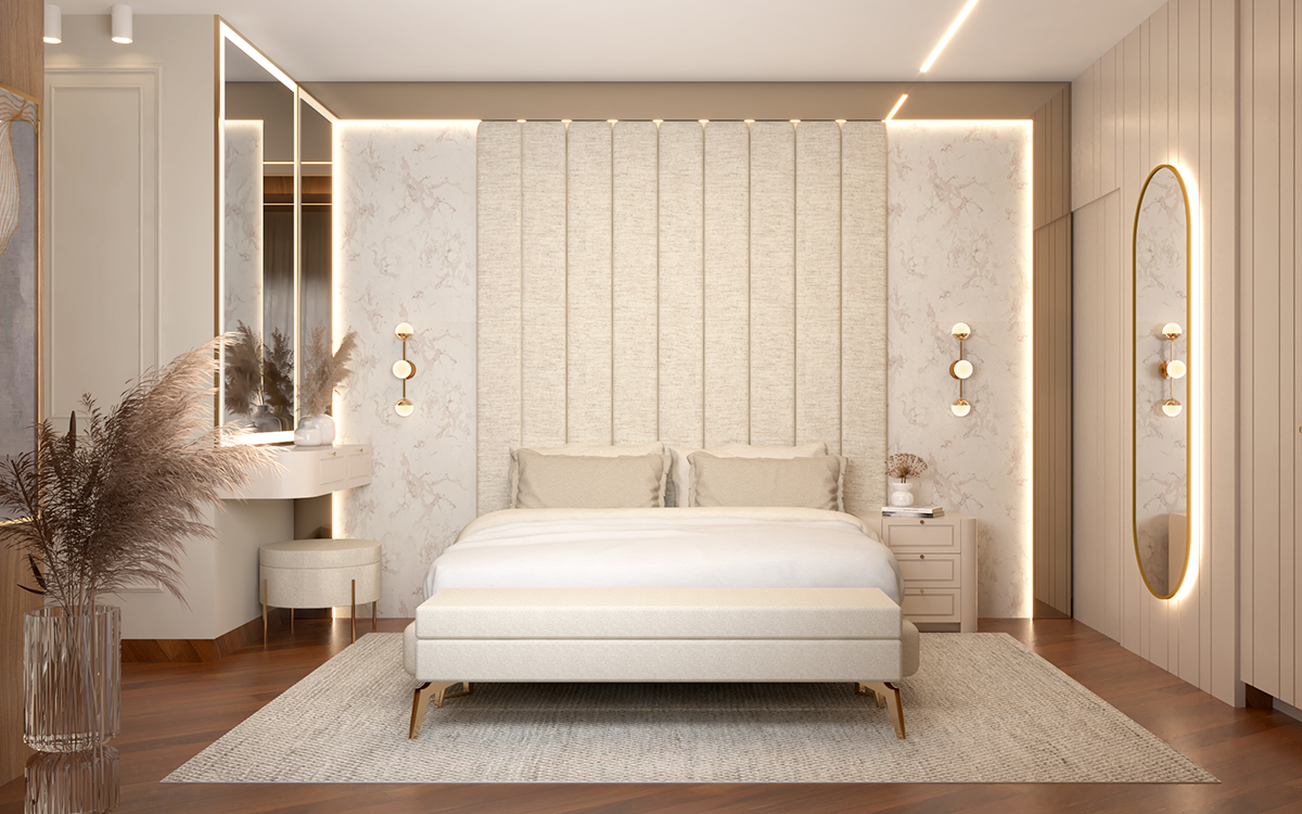 Quarto principal com painel estofado da Residência em Céu Azul
