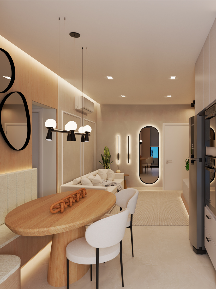 Sala de jantar do Apartamento Decorado Edifício Zara com mesa oval de madeira
