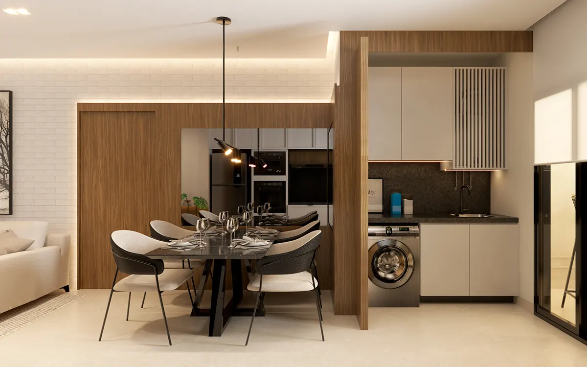 Sala de jantar e cozinha do Apartamento Decorado Edifício Atena