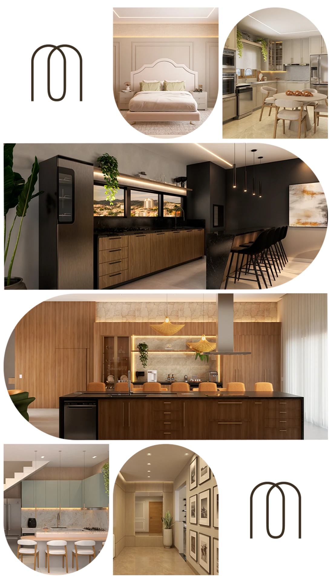 Colagem de projetos de interiores de Marina Maiorki com o símbolo da marca