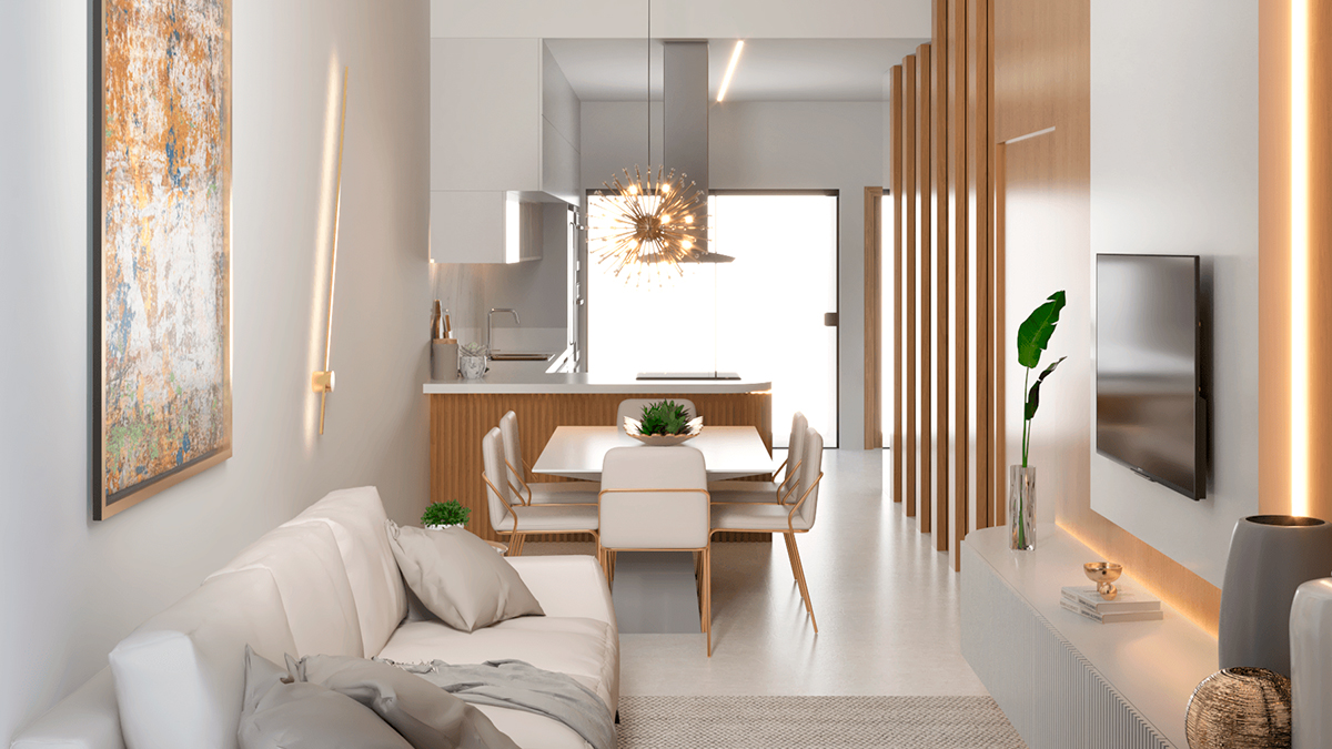 Living integrado da Residência em Cascavel, projeto de interiores de Marina Maiorki