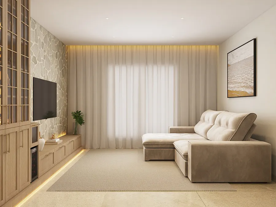 Living com sofá retrátil, cortinas leves e painel de pedra na Residência em Toledo