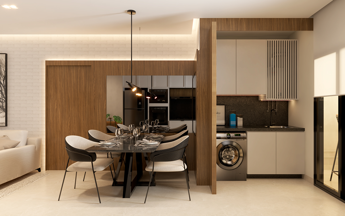 Sala de jantar e cozinha do Apartamento Decorado Edifício Atena