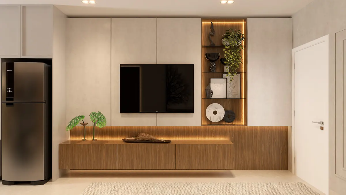 Living do Apartamento Decorado Edifício Atena com painel de TV e rack suspenso de madeira, projeto de Marina Maiorki