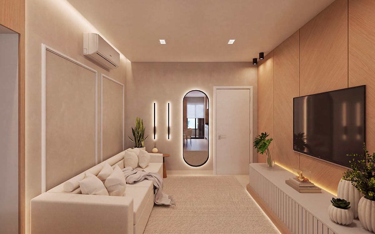 Living do Apartamento Decorado Edifício Zara com painel de TV e espelho iluminado