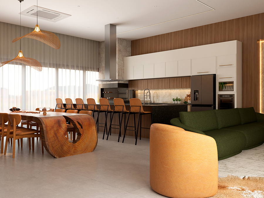 Ambiente integrado da Residência em Tupãssi com cozinha, mesa de jantar em madeira maciça e living