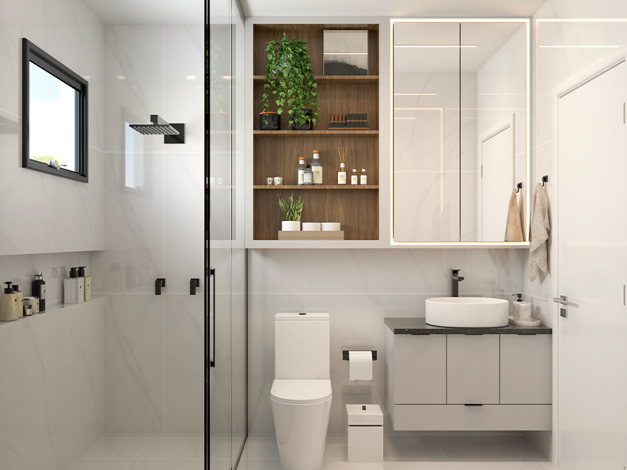 Banheiro do Apartamento Decorado Edifício Zara com box de vidro e nichos de madeira