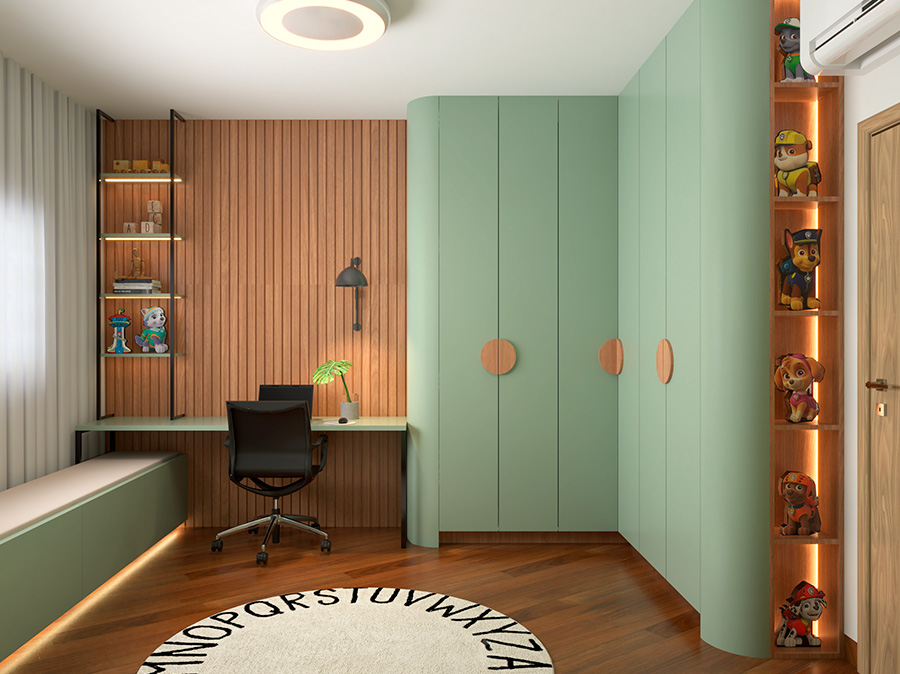 Quarto infantil com marcenaria verde menta da Residência em Céu Azul