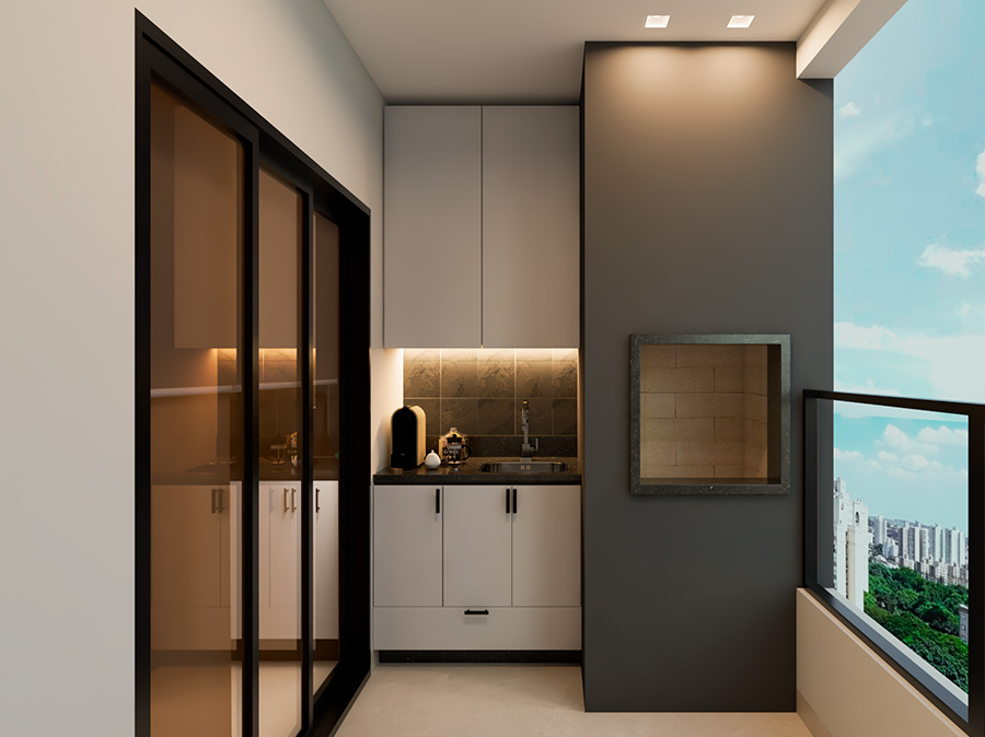 Varanda gourmet com churrasqueira do Apartamento Decorado Edifício Zara