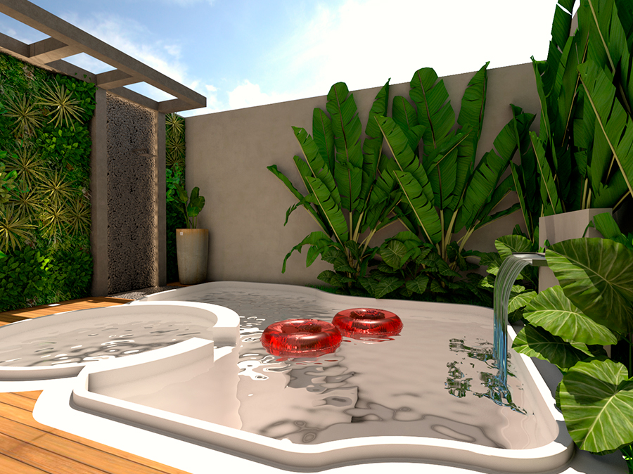 Piscina com paisagismo tropical da Residência em Cascavel
