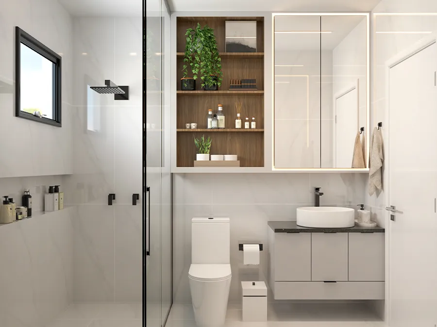 Banheiro do Apartamento Decorado Edifício Zara com box de vidro e nichos de madeira