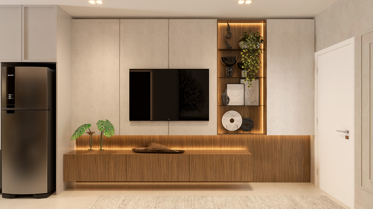 Living do Apartamento Decorado Edifício Atena com painel de TV e rack suspenso de madeira, projeto de Marina Maiorki