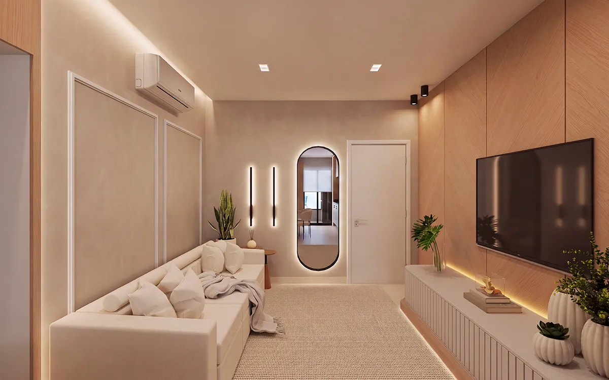 Living do Apartamento Decorado Edifício Zara com painel de TV e espelho iluminado