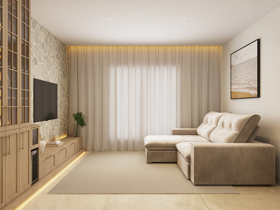Living com sofá retrátil, cortinas leves e painel de pedra na Residência em Toledo