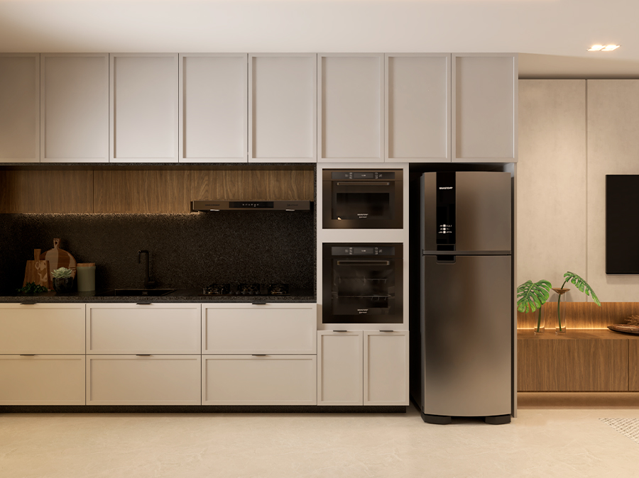 Cozinha do Apartamento Decorado Edifício Atena com armários claros e eletrodomésticos embutidos
