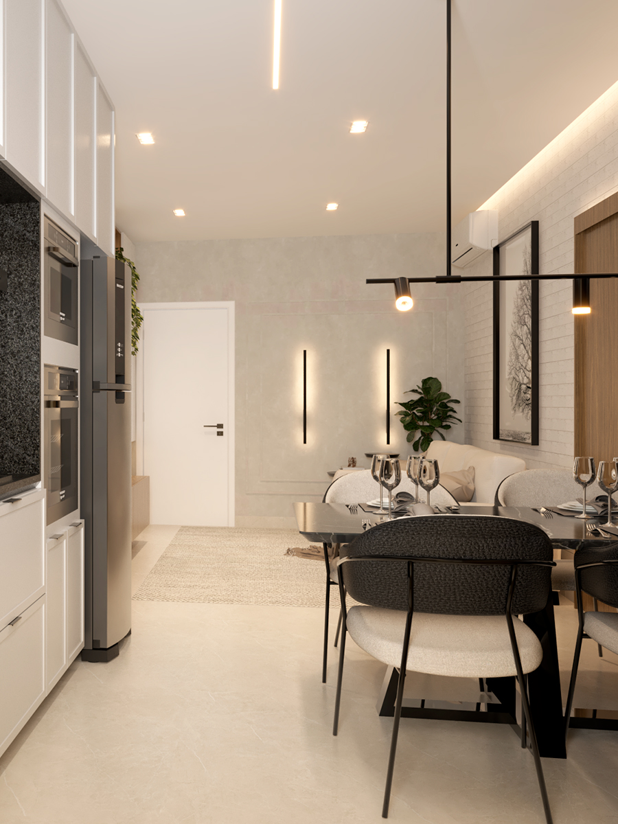 Cozinha e sala de jantar integradas do Apartamento Decorado Edifício Atena