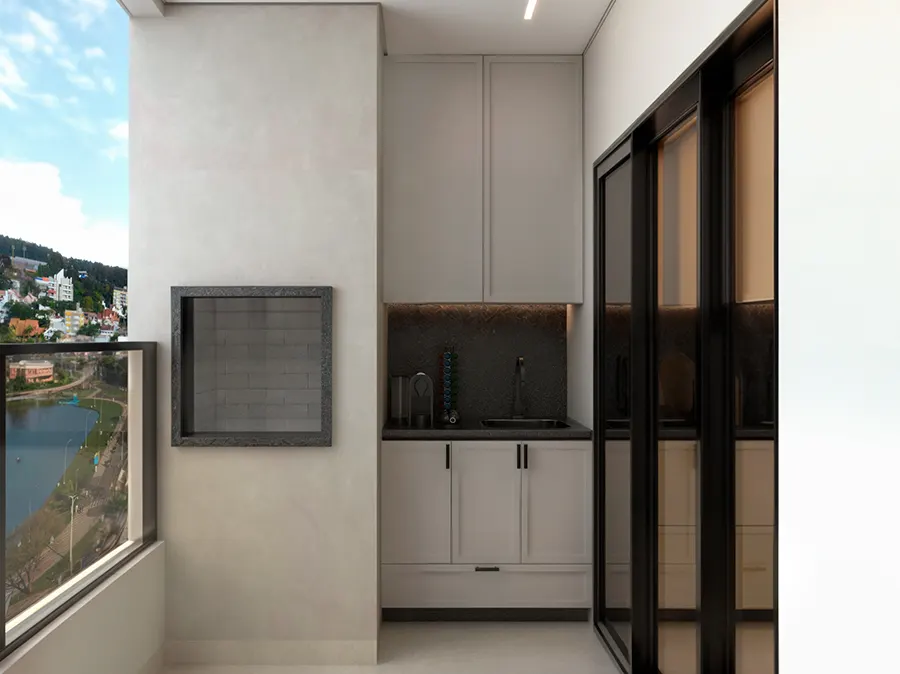 Varanda gourmet com churrasqueira do Apartamento Decorado Edifício Atena