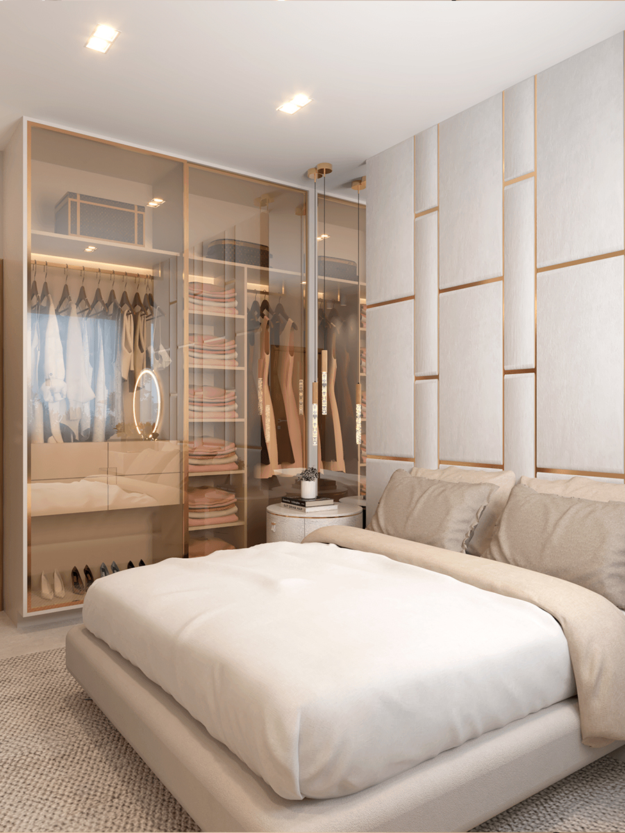 Quarto com closet espelhado da Residência em Cascavel