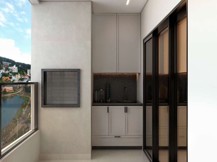 Varanda gourmet com churrasqueira do Apartamento Decorado Edifício Atena