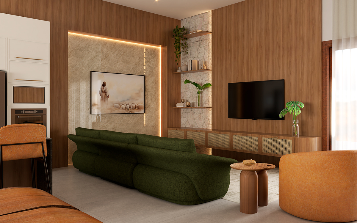 Living da Residência em Tupãssi com sofá verde e painel de madeira