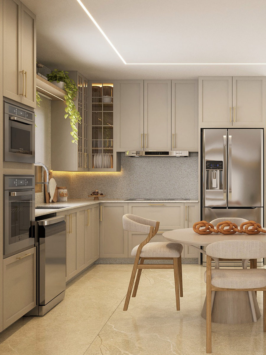 Cozinha em tons neutros com mesa redonda e iluminação linear na Residência em Toledo